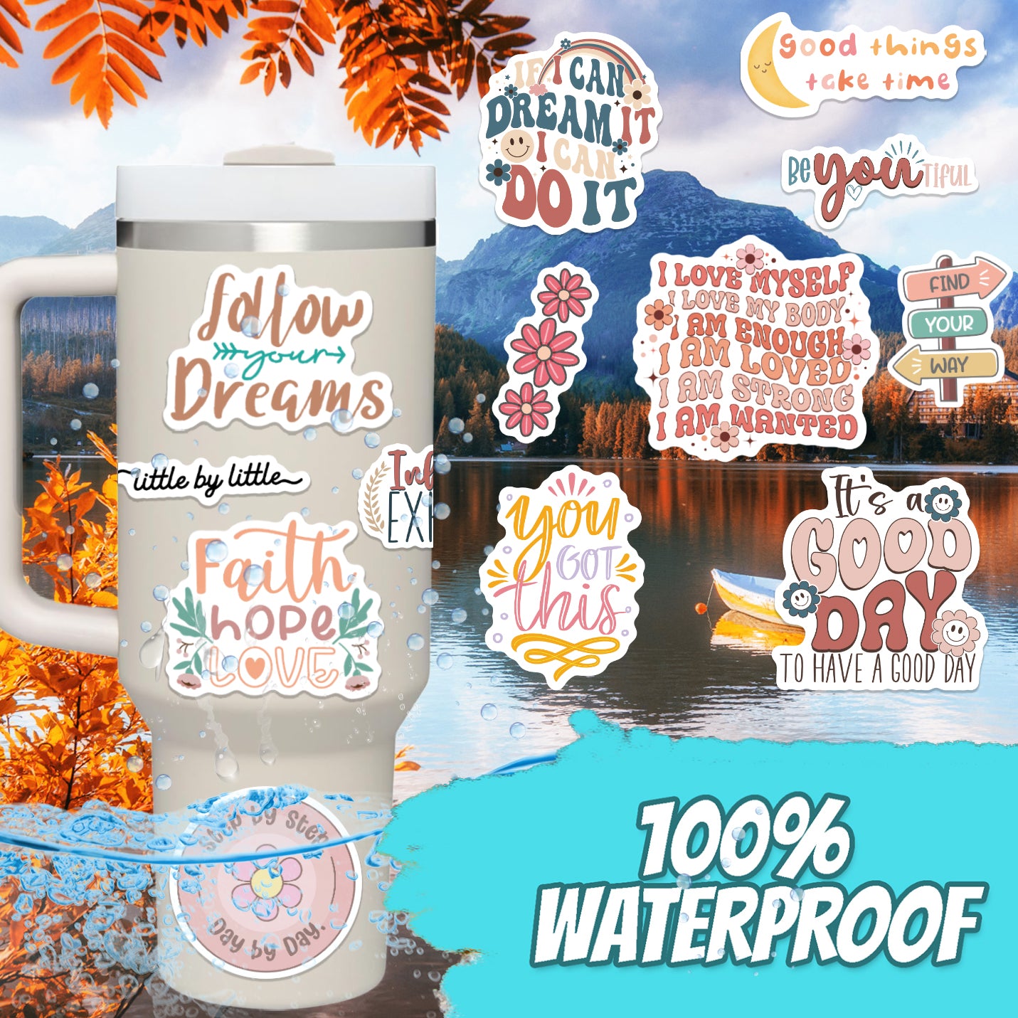 300PCS Motivational Stickers for Vision Board Water Bottles Laptops, Inspirational Quote Waterproof Vinyl for Journals Cups, Affirmation Boho Stickers for Women Holographic